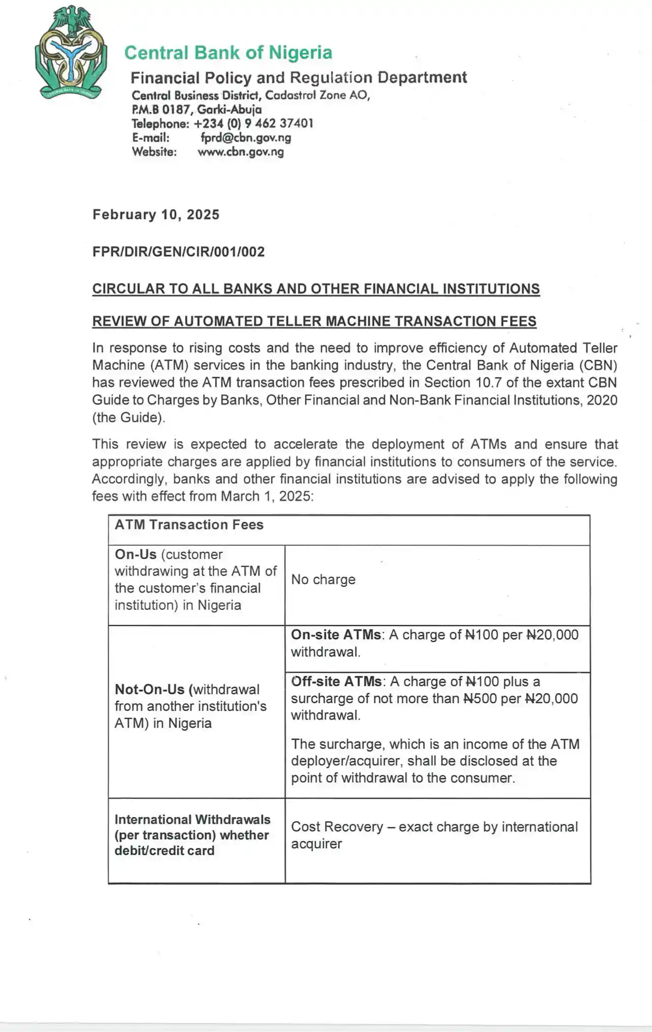 CBN official circular on ATM fees