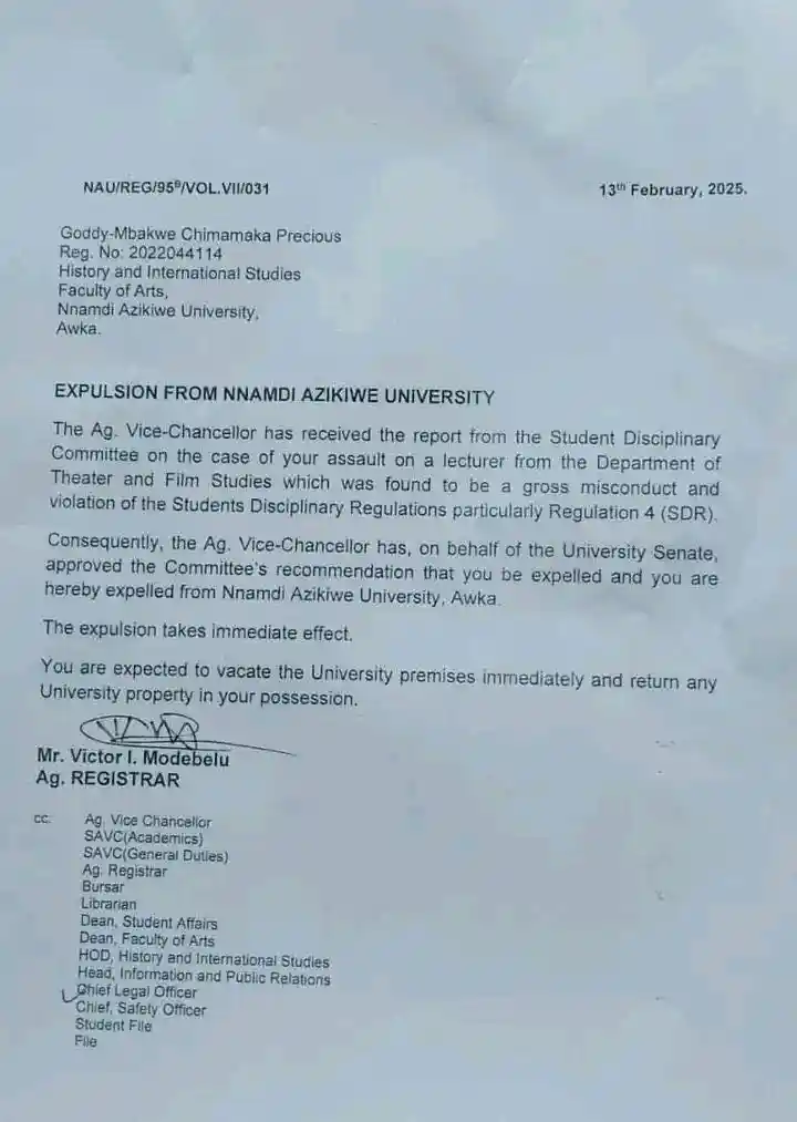 Unizik Expels Female Student Over Lecturer Assault: Investigation Details and Implications
