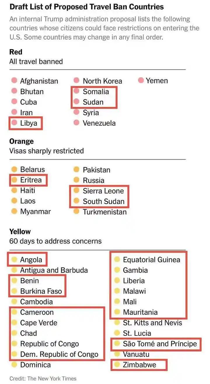 Map showing the US travel ban affecting 22 African countries and 21 others in 2025