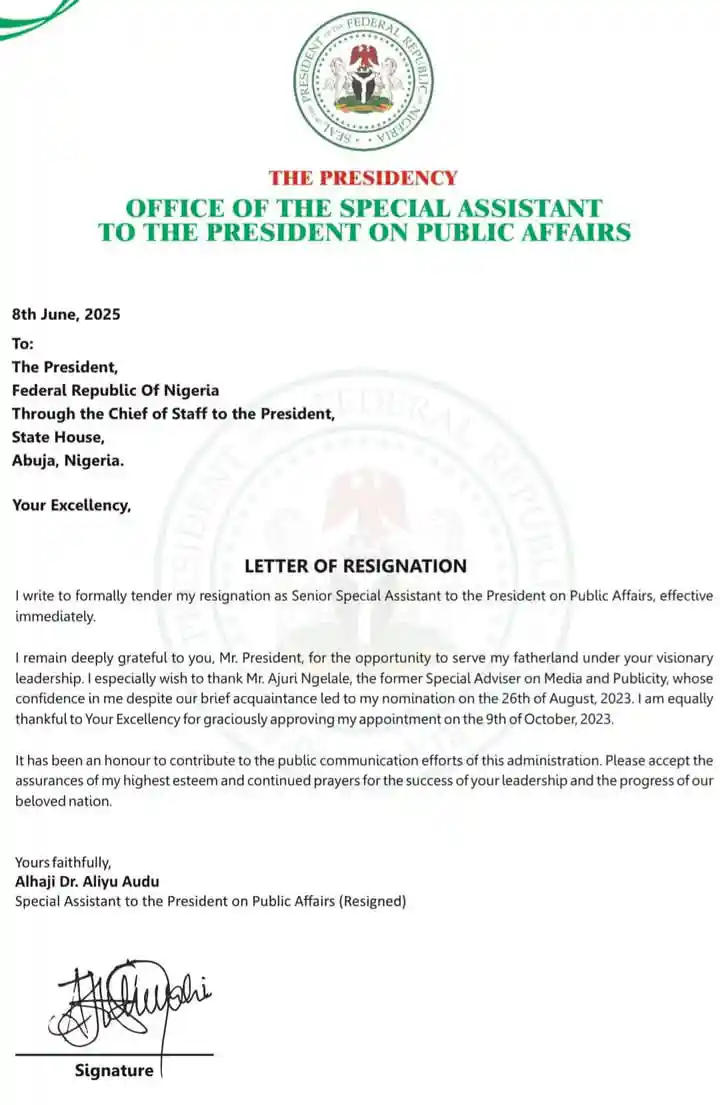 Senior Presidential Aide Aliyu Audu Steps Down, Thanks Ajuri Ngelale