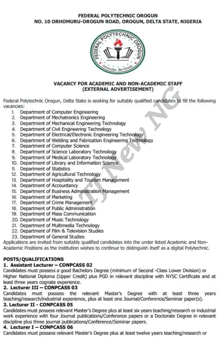 Federal Polytechnic Orogun Recruitment for