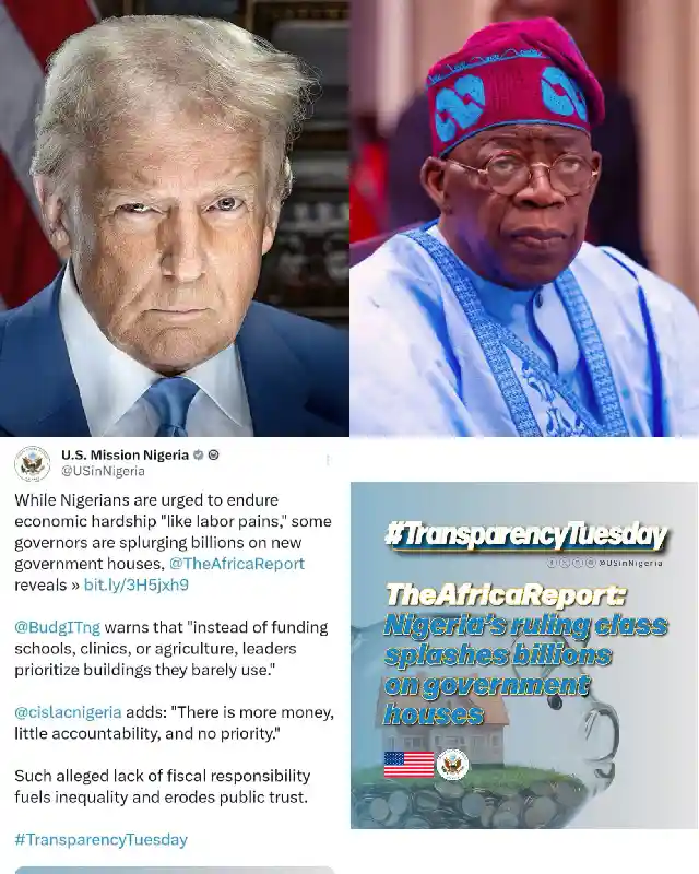 US Mission Slams Tinubu, Governors for Lavish Spending While Urging Nigerians to Endure Economic Hardship